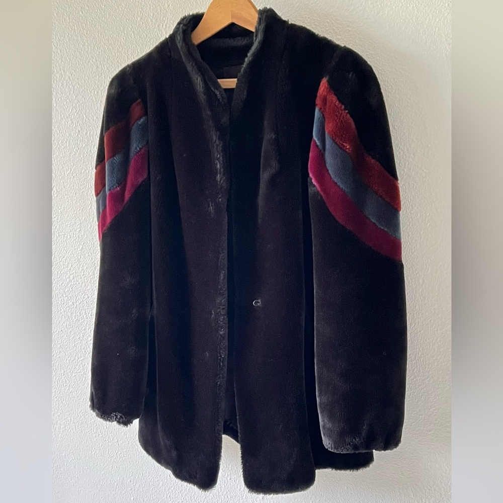 Vintage 80s Black Faux Fur Teddy Coat Colorblock Stripe Size Medium - Picture 5 of 12